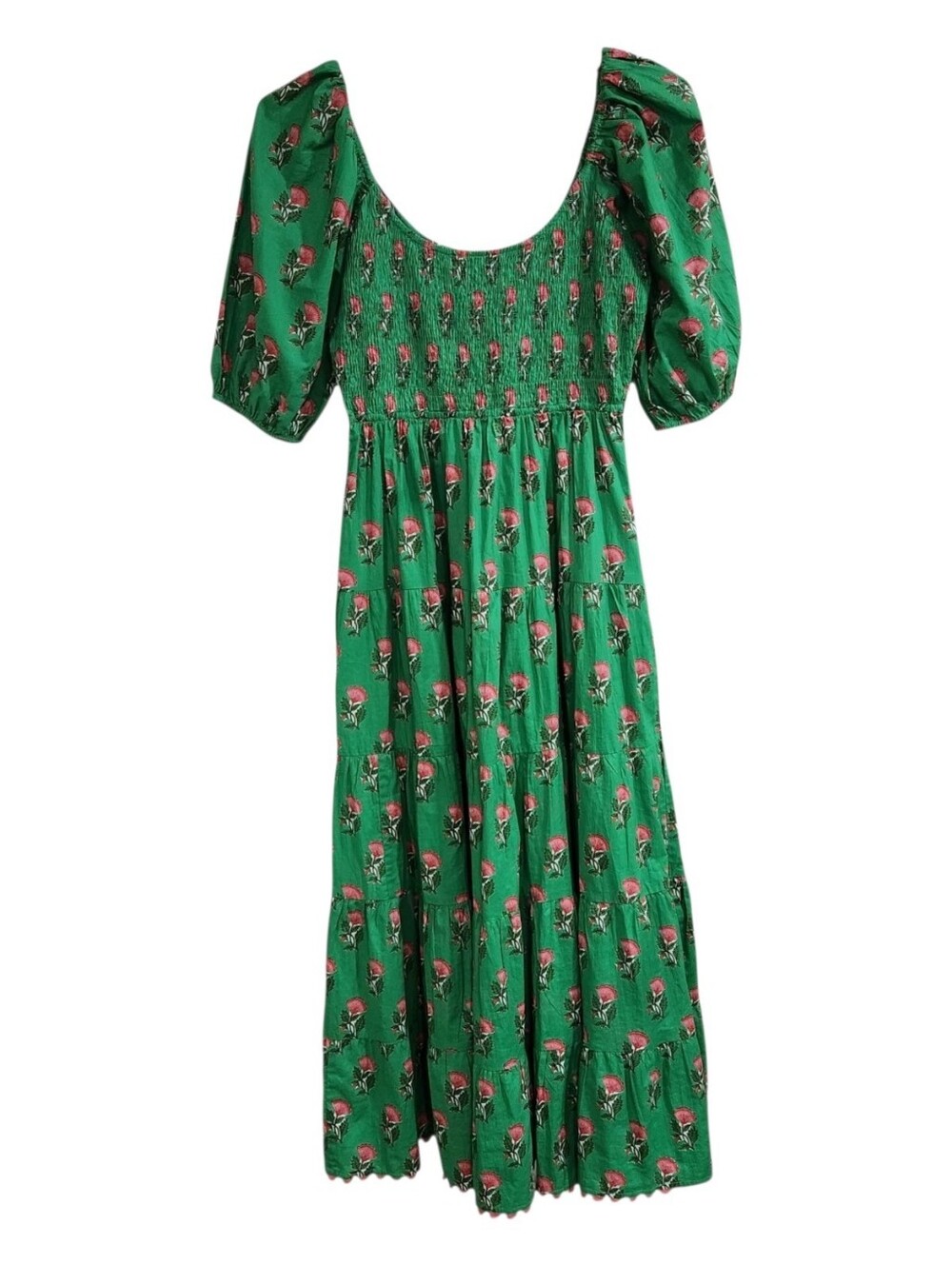 Pink City Prints Maxi Dress Sz S Green Pink Floral Smocked  Tiered Cottagecore